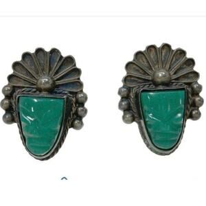 Mexico Navajo Vintage Sterling Silver Green Onyx Tribal Face Screw Back Earrings
